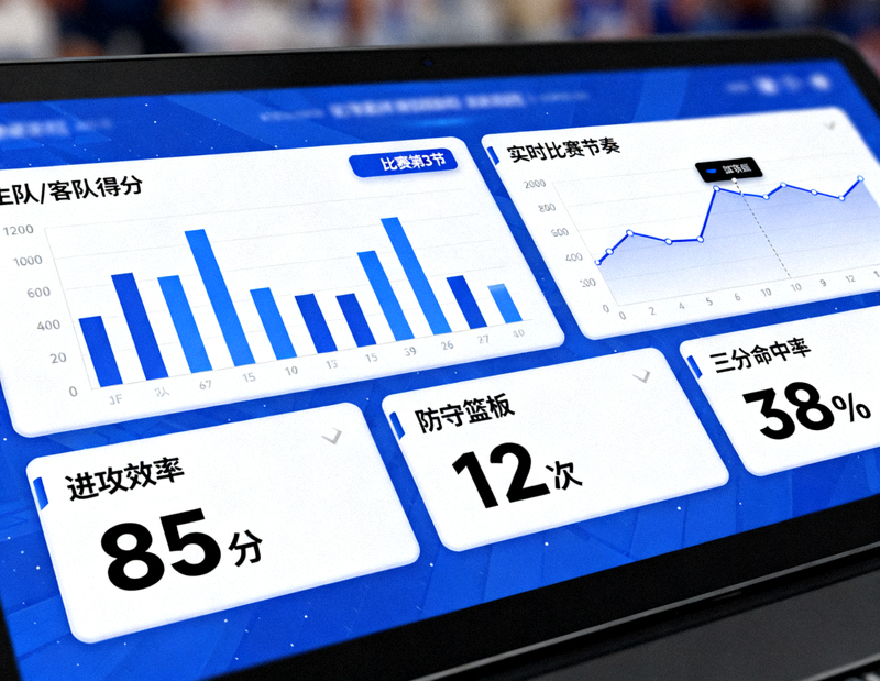 体育数据分析界面中展示比赛统计图表与数据面板